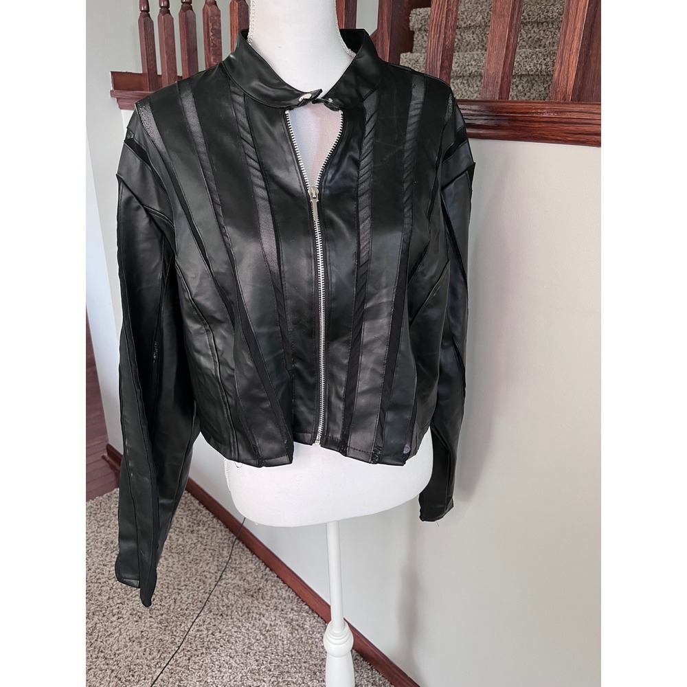 New Look Womens Black Faux Leather Mesh Panel Cropped Moto Jacket Size 2X
